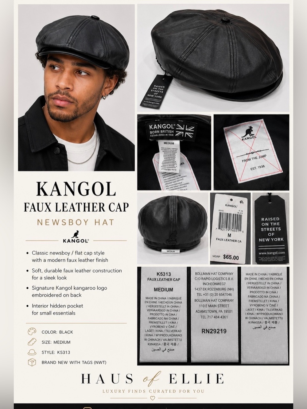 Kangol Faux Leather Newsboy Cap Black Medium NWT